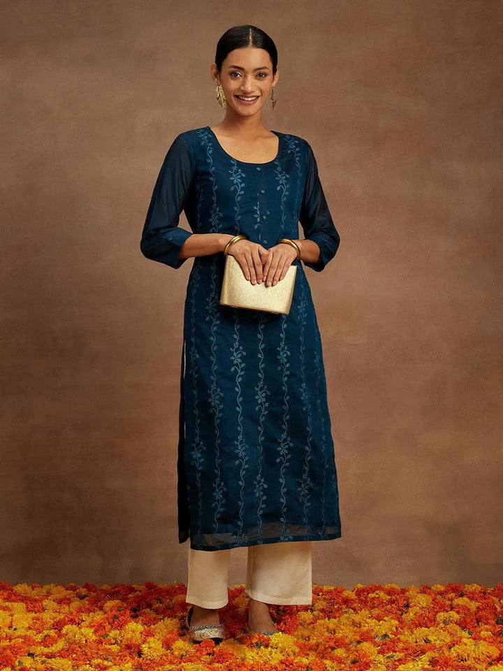 Teal Embroidered Chanderi Silk Straight Kurta - Libas