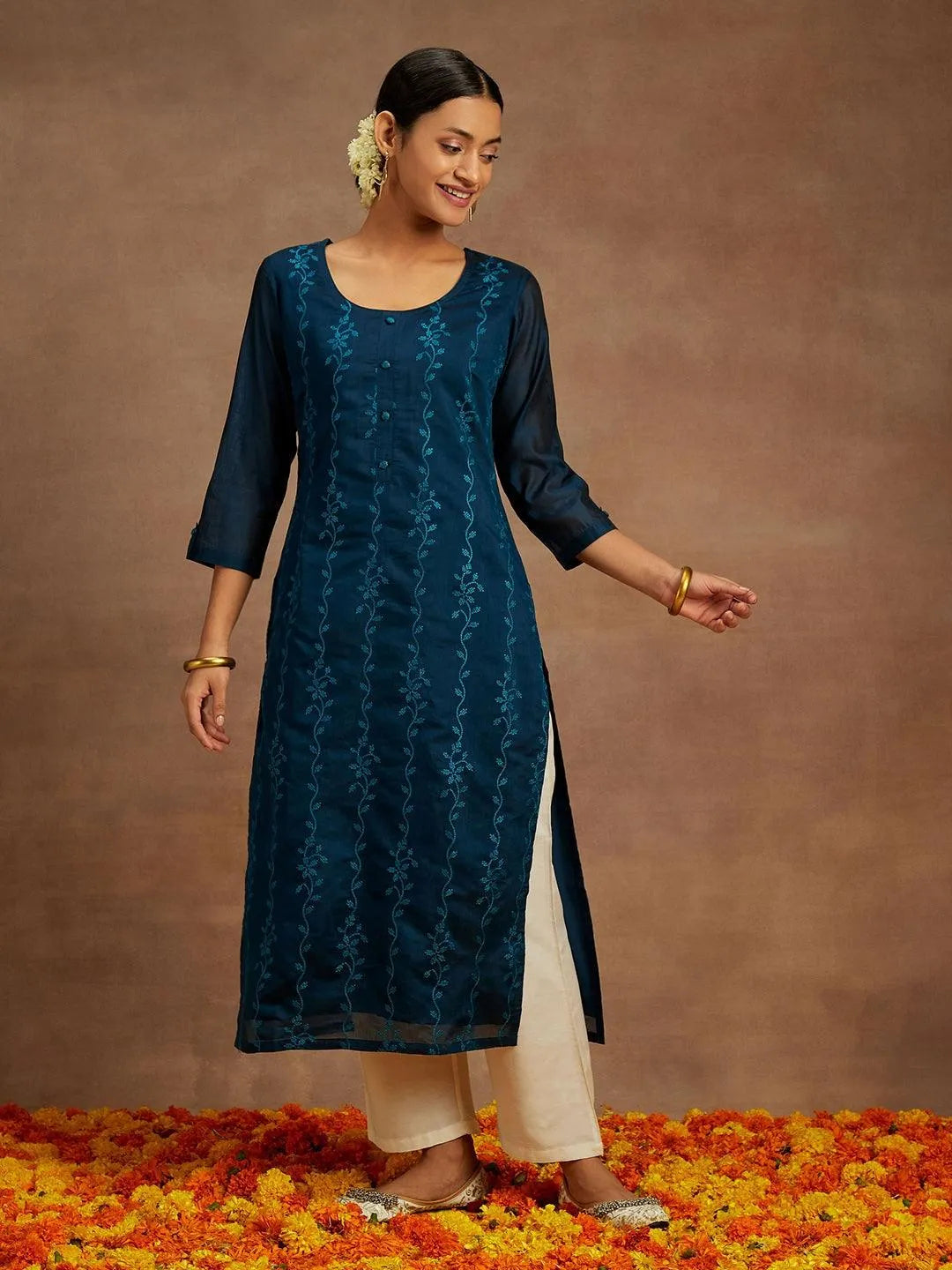 Teal Embroidered Chanderi Silk Straight Kurta - Libas