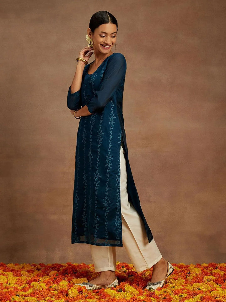 Teal Embroidered Chanderi Silk Straight Kurta - Libas