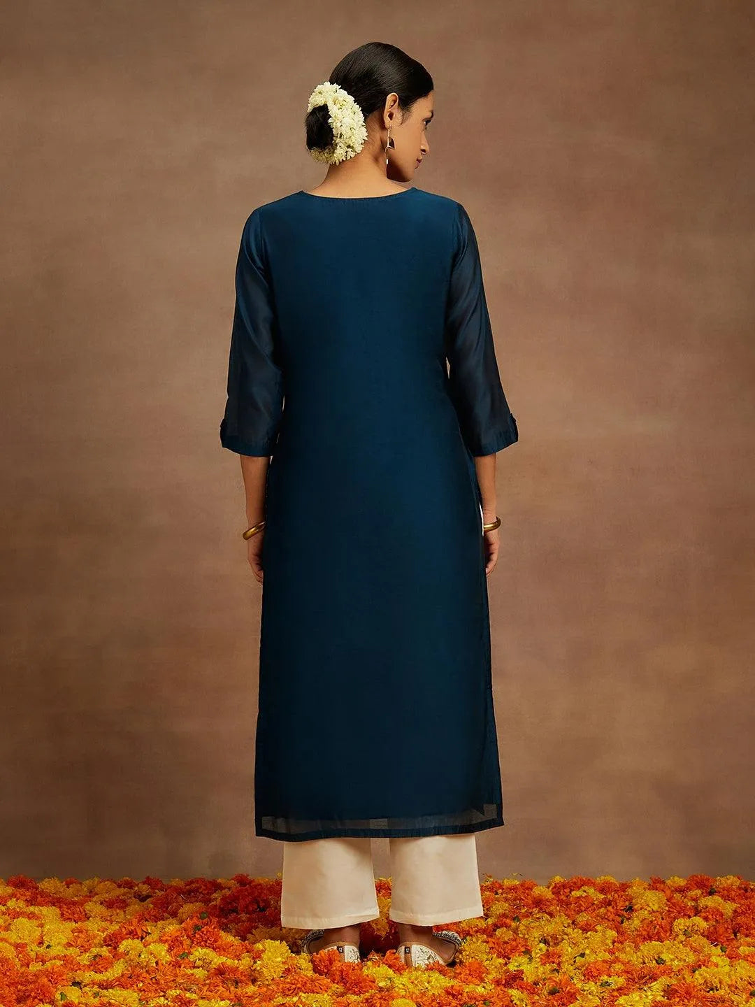 Teal Embroidered Chanderi Silk Straight Kurta - Libas