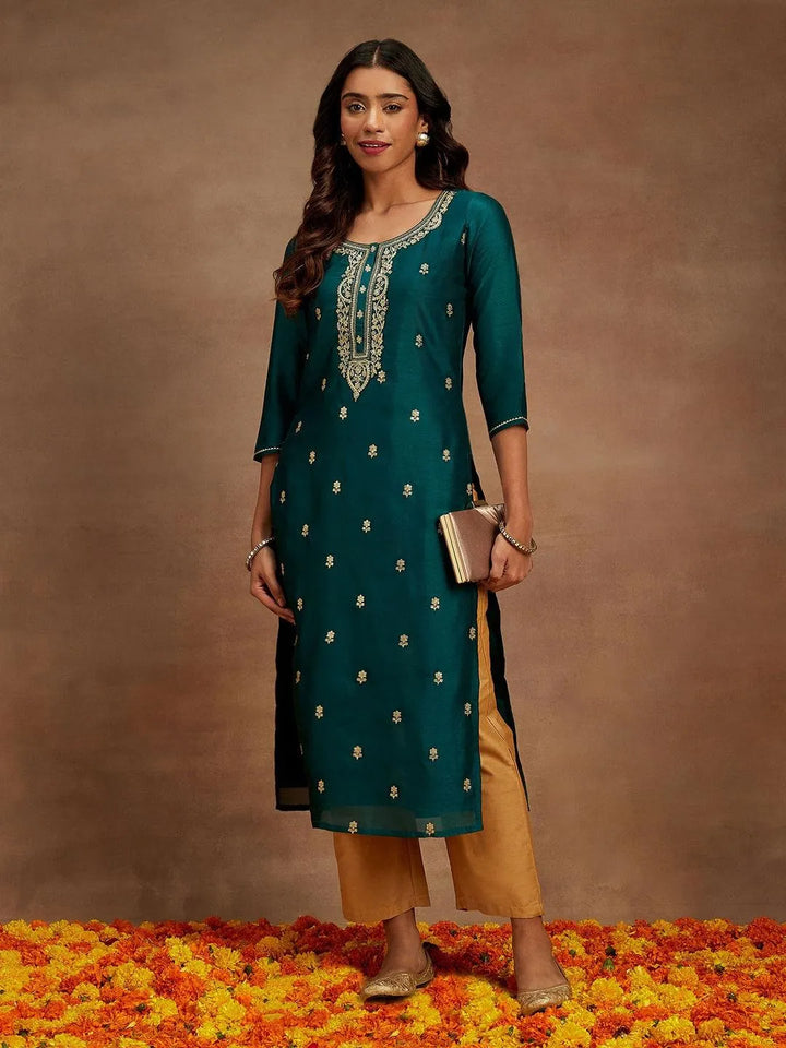 Teal Embroidered Silk Straight Kurta - Libas