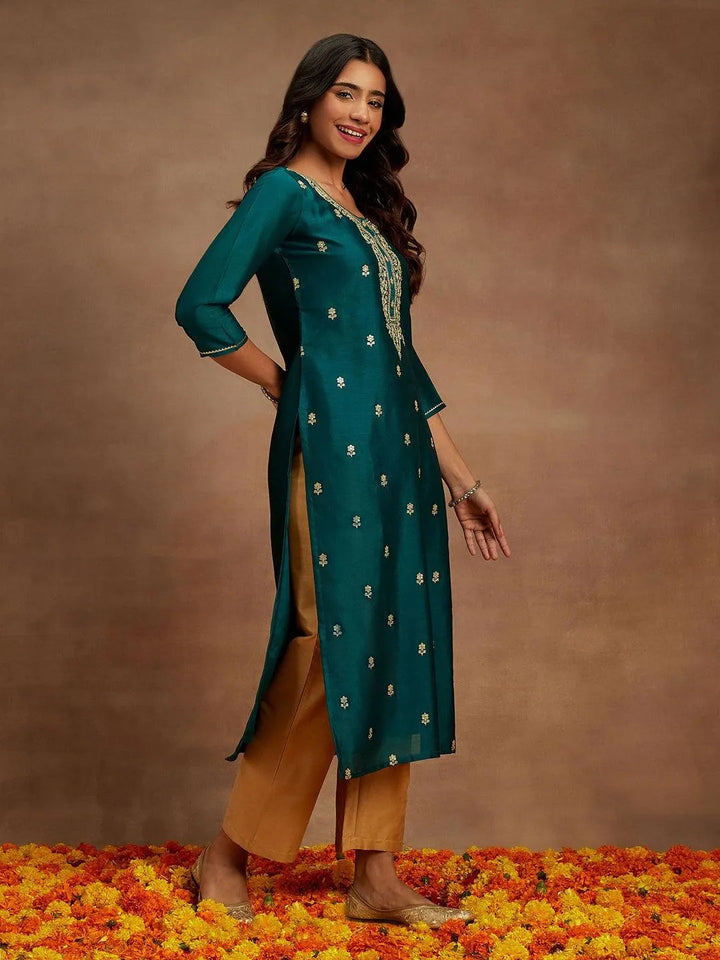 Teal Embroidered Silk Straight Kurta - Libas