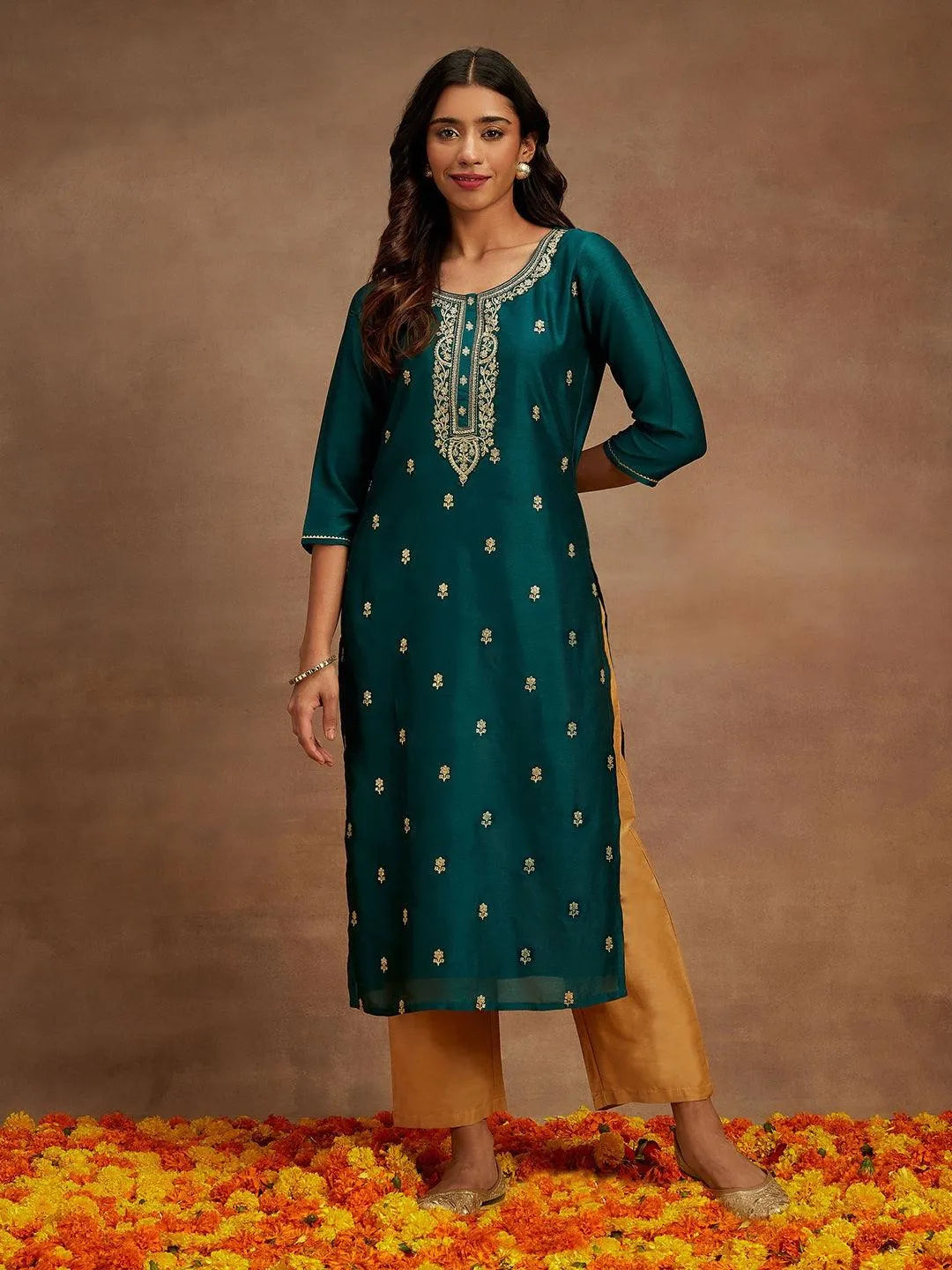 Teal Embroidered Silk Straight Kurta - Libas 