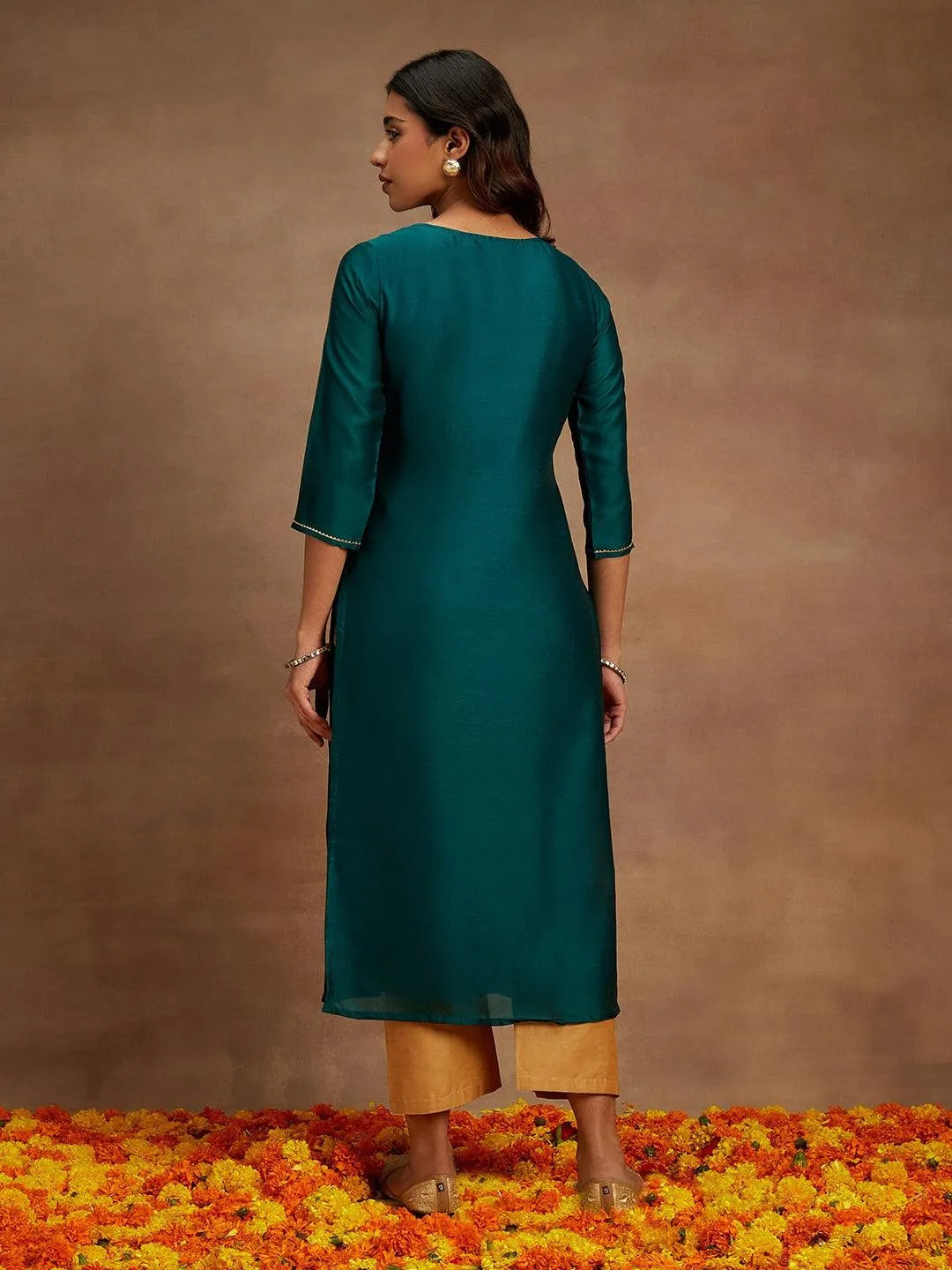 Teal Embroidered Silk Straight Kurta - Libas 