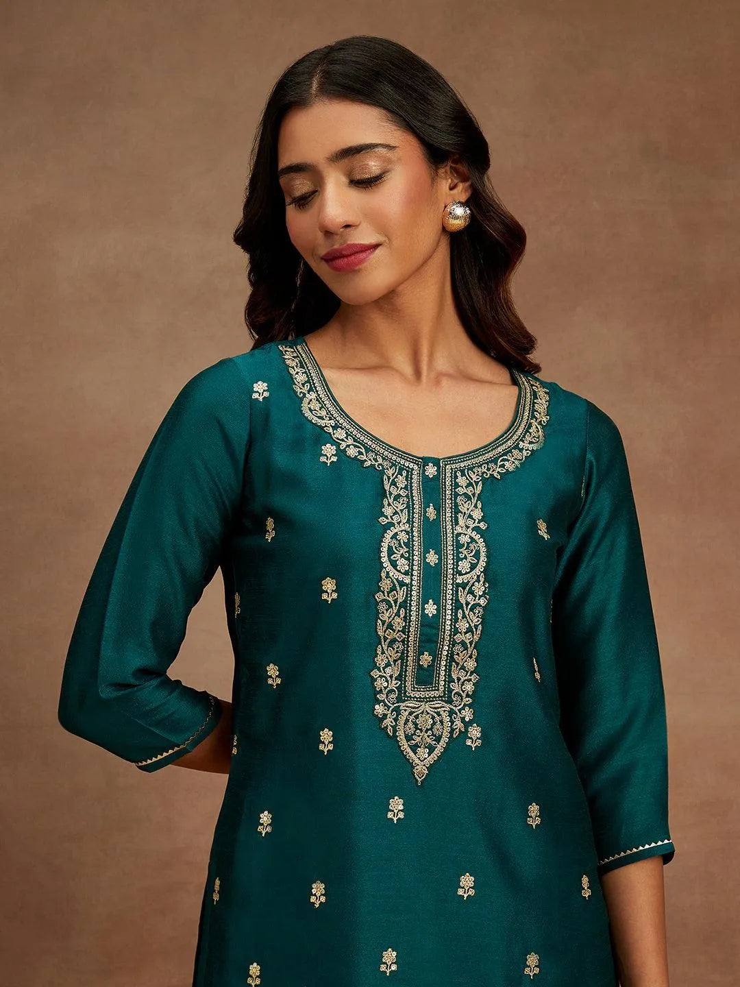 Teal Embroidered Silk Straight Kurta - Libas