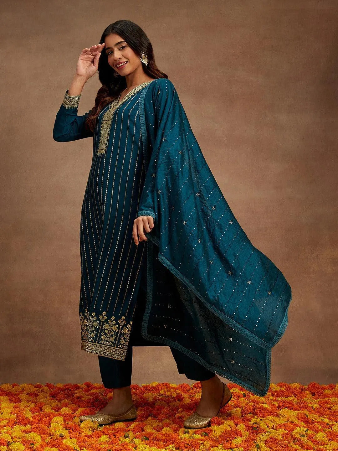 libas Teal Embroidered Silk Straight Suit With Dupatta-picture-30