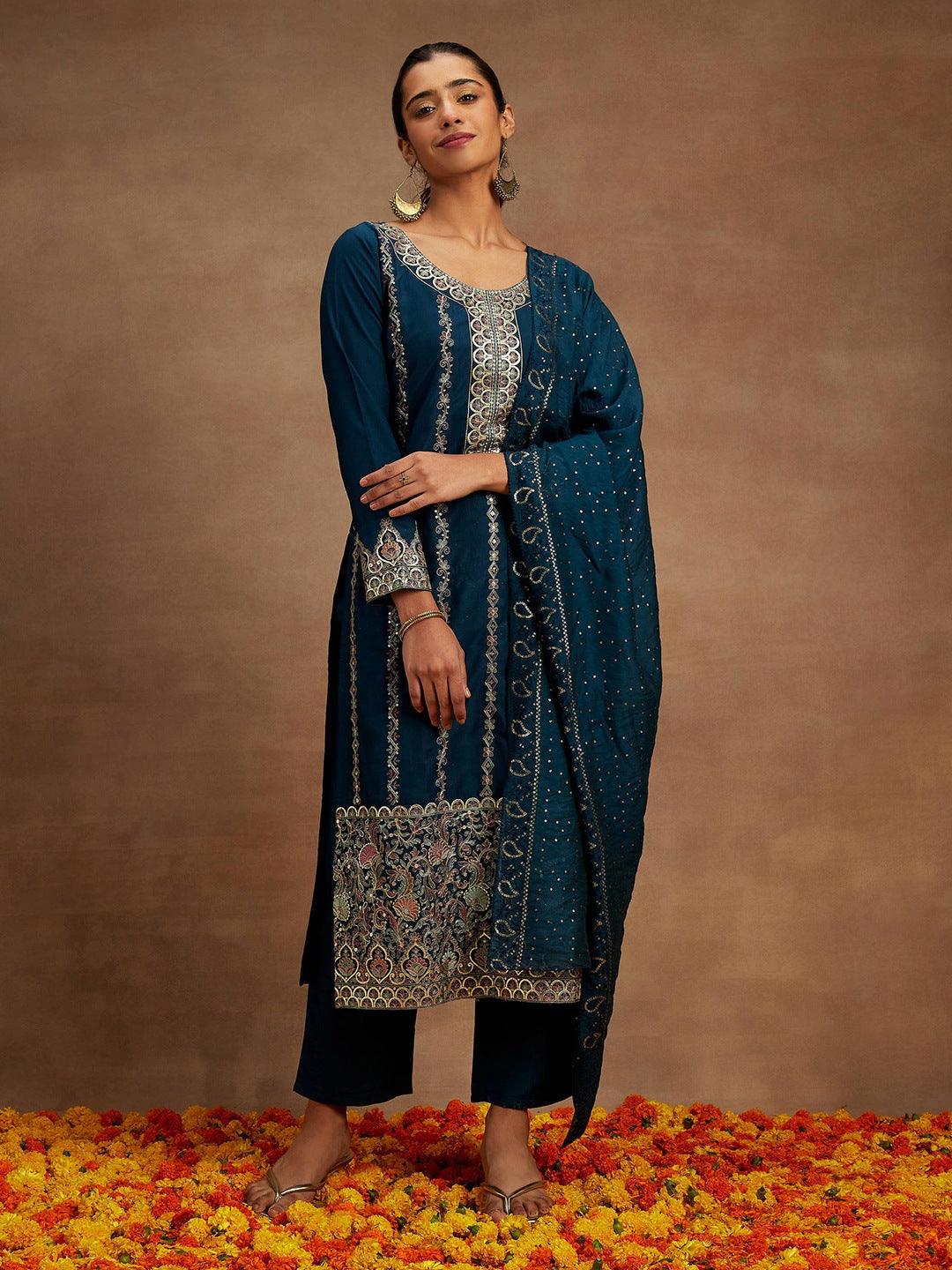 Teal Embroidered Silk Straight Suit With Dupatta