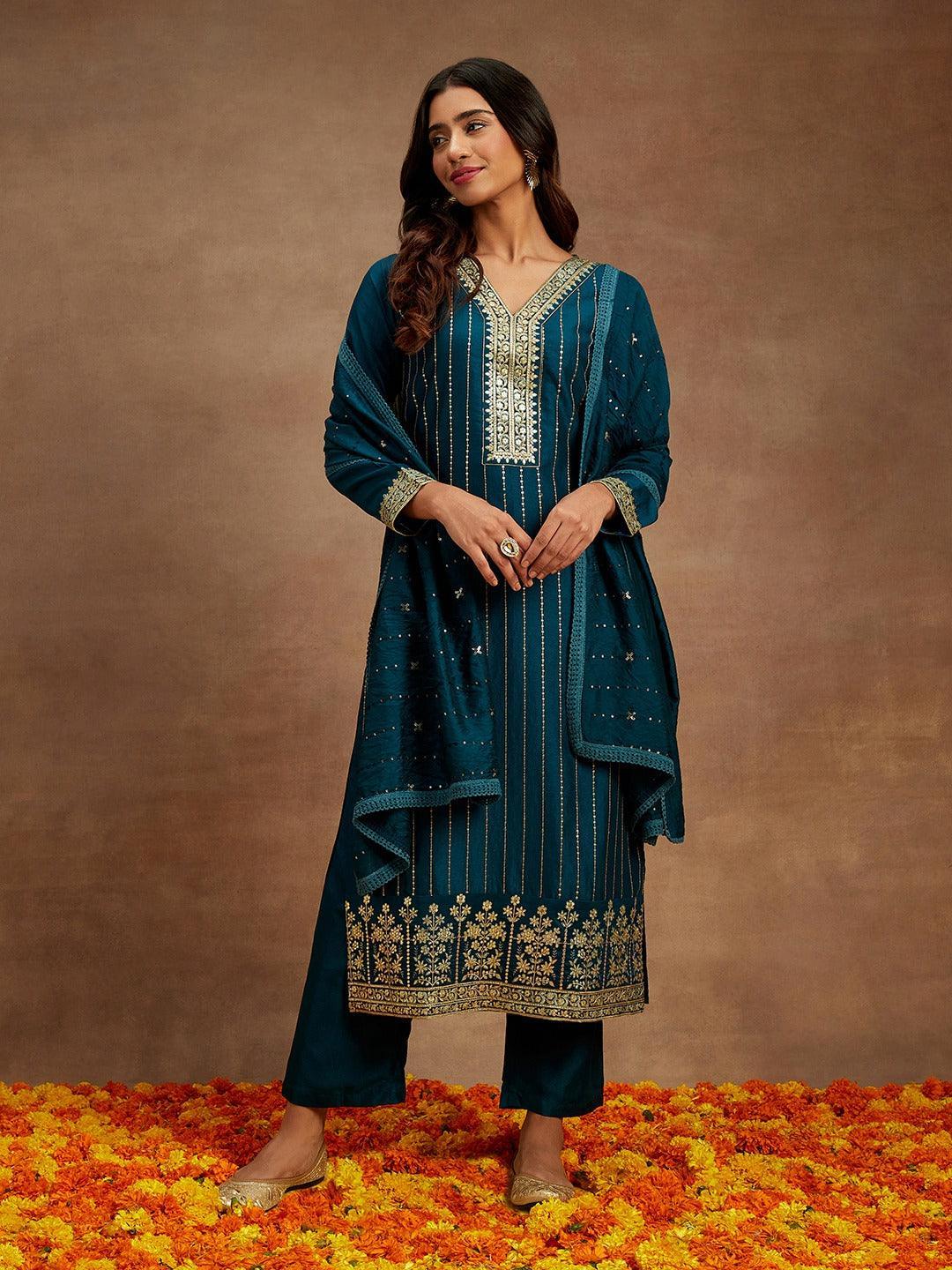 Teal Embroidered Silk Straight Suit With Dupatta
