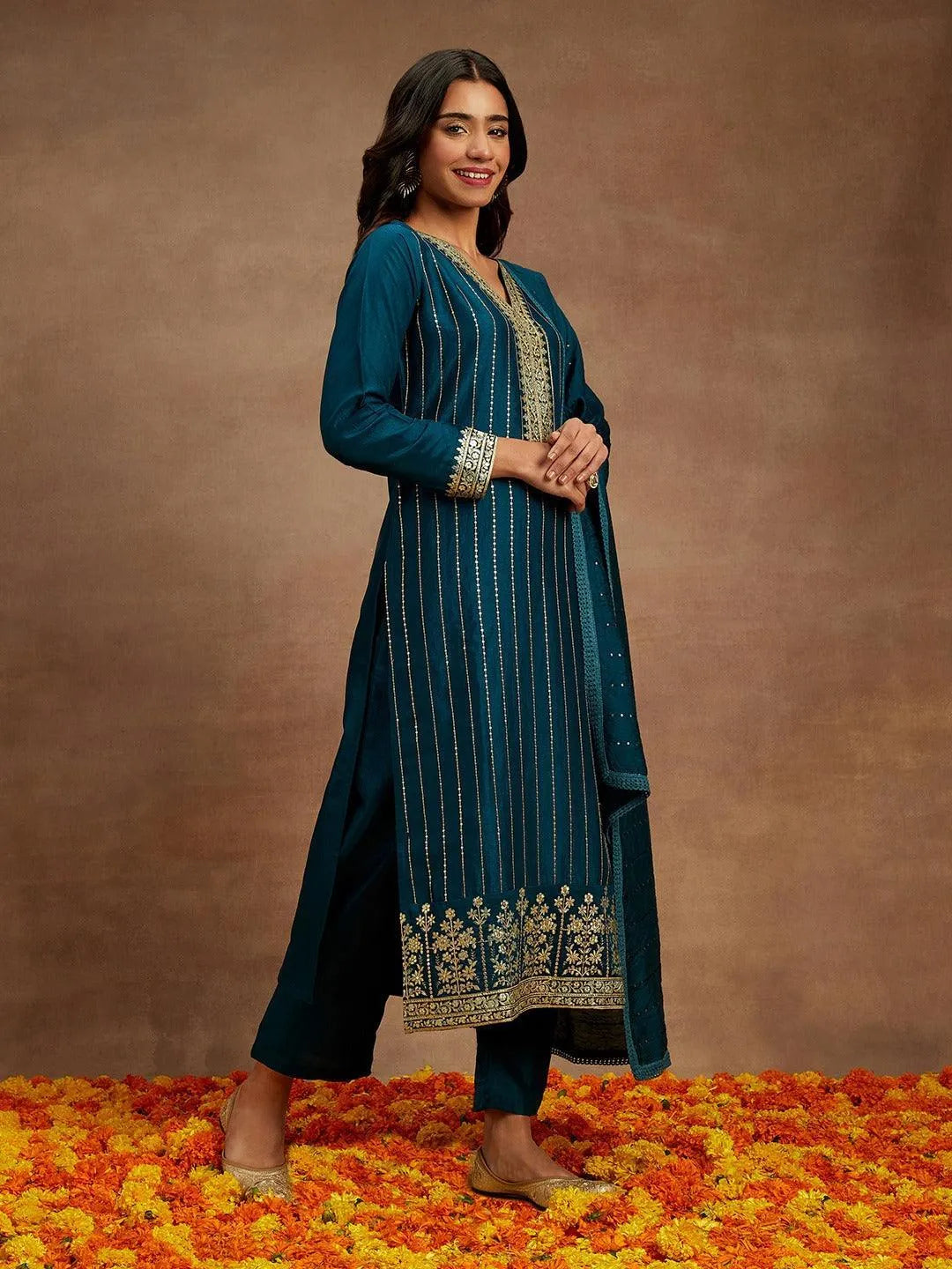 Teal Embroidered Silk Straight Kurta With Trousers & Dupatta - Libas