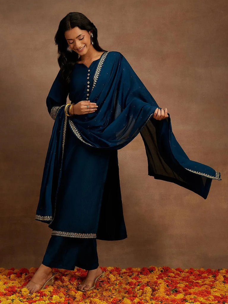 Libas Teal Solid Silk Blend Straight Suit With Dupatta