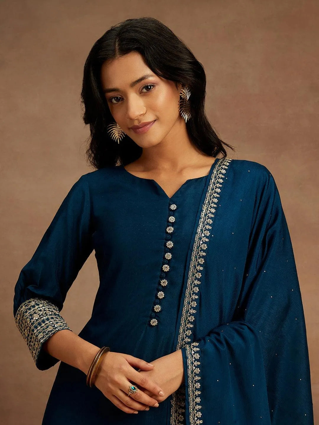 Teal Solid Silk Blend Straight Kurta With Palazzos & Dupatta - Libas 