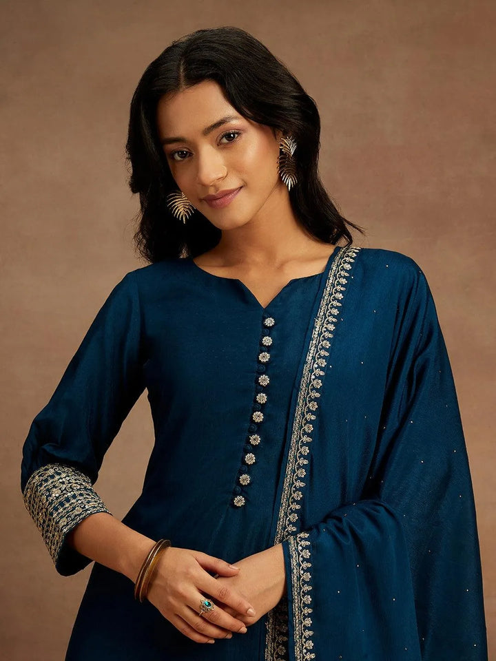 Teal Solid Silk Blend Straight Kurta With Palazzos & Dupatta - Libas