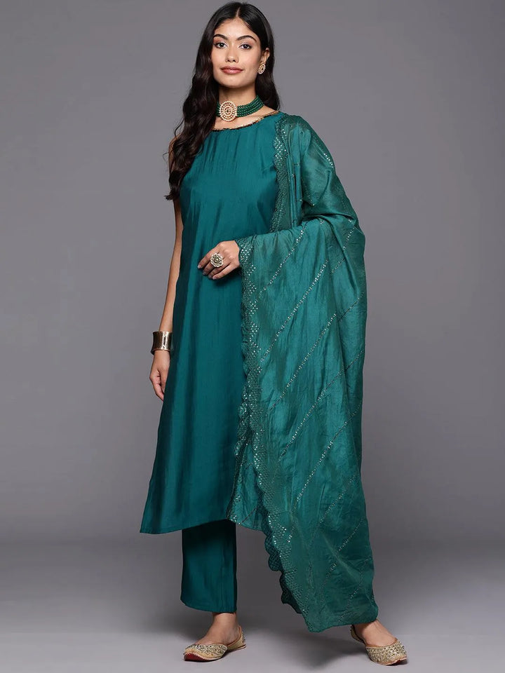 Teal Solid Silk Blend Straight Kurta With Trousers & Dupatta - Libas