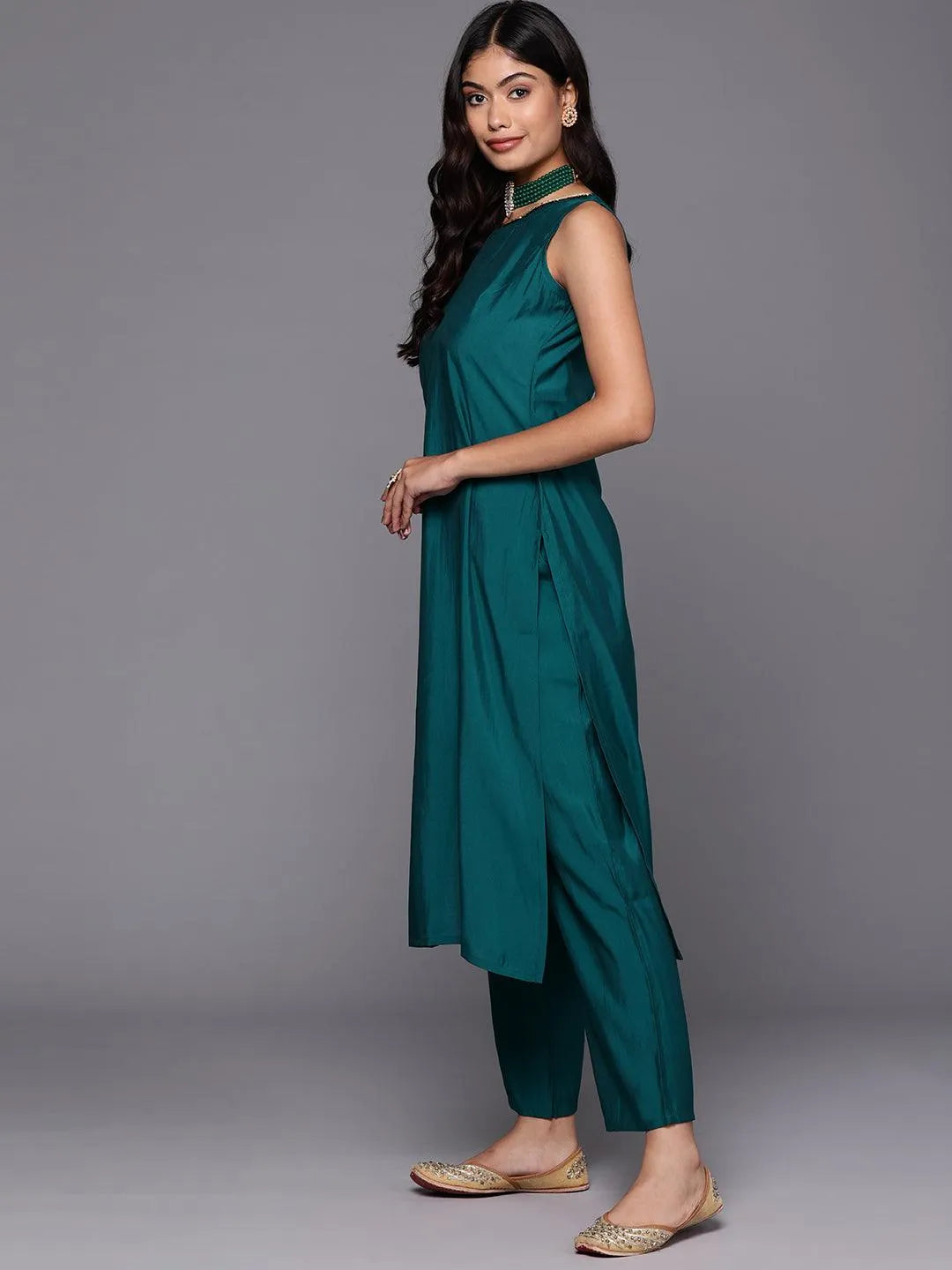 Teal Solid Silk Blend Straight Kurta With Trousers & Dupatta - Libas 