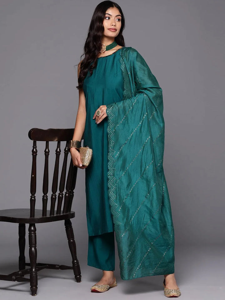 Teal Solid Silk Blend Straight Kurta With Trousers & Dupatta - Libas