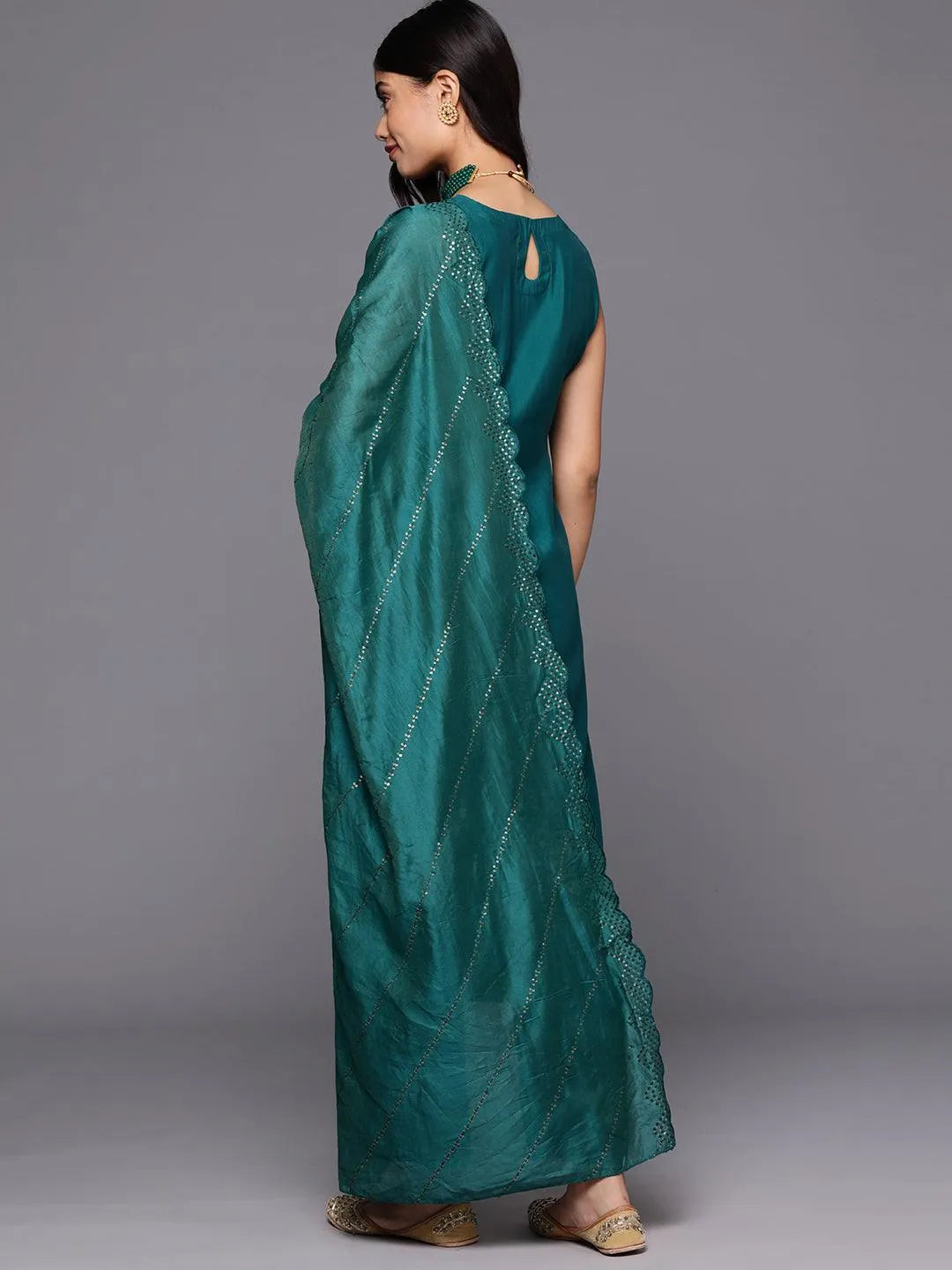 Teal Solid Silk Blend Straight Kurta With Trousers & Dupatta - Libas