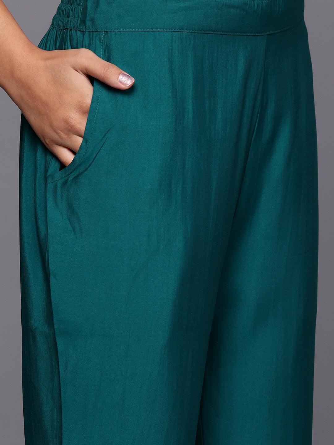 Teal Solid Silk Blend Straight Kurta With Trousers & Dupatta - Libas