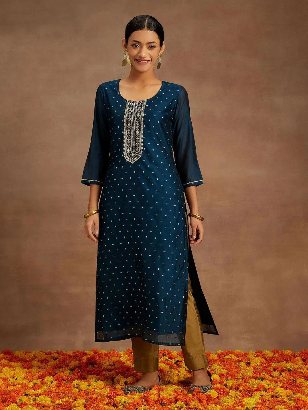 Teal Woven Design Chanderi Silk Straight Kurta - Libas 