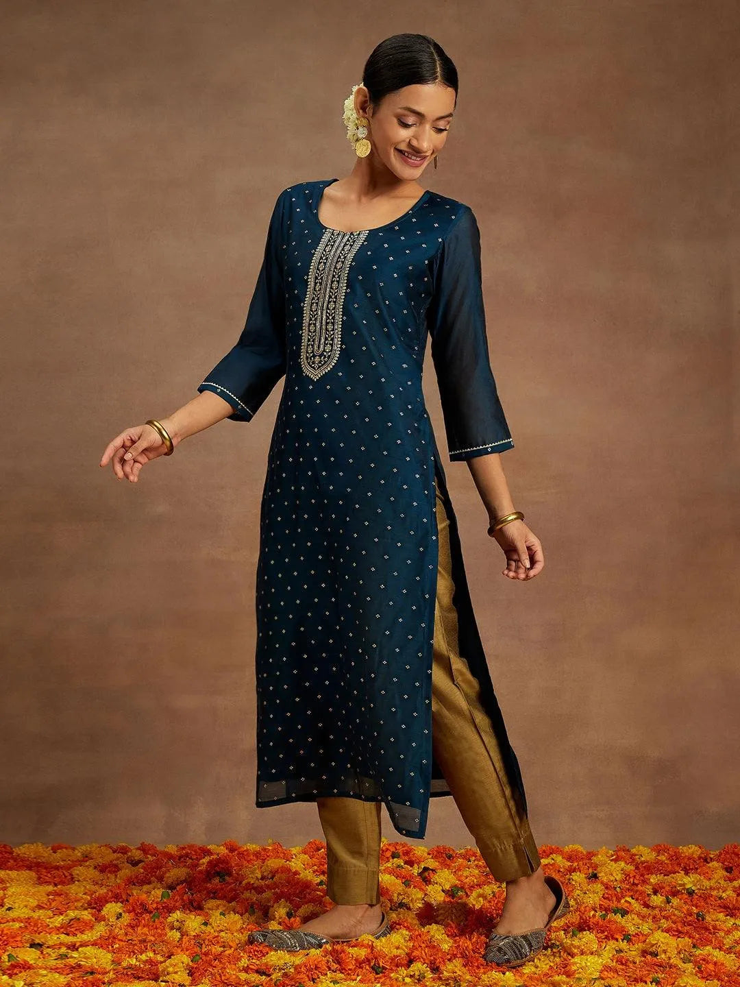 Teal Woven Design Chanderi Silk Straight Kurta - Libas 