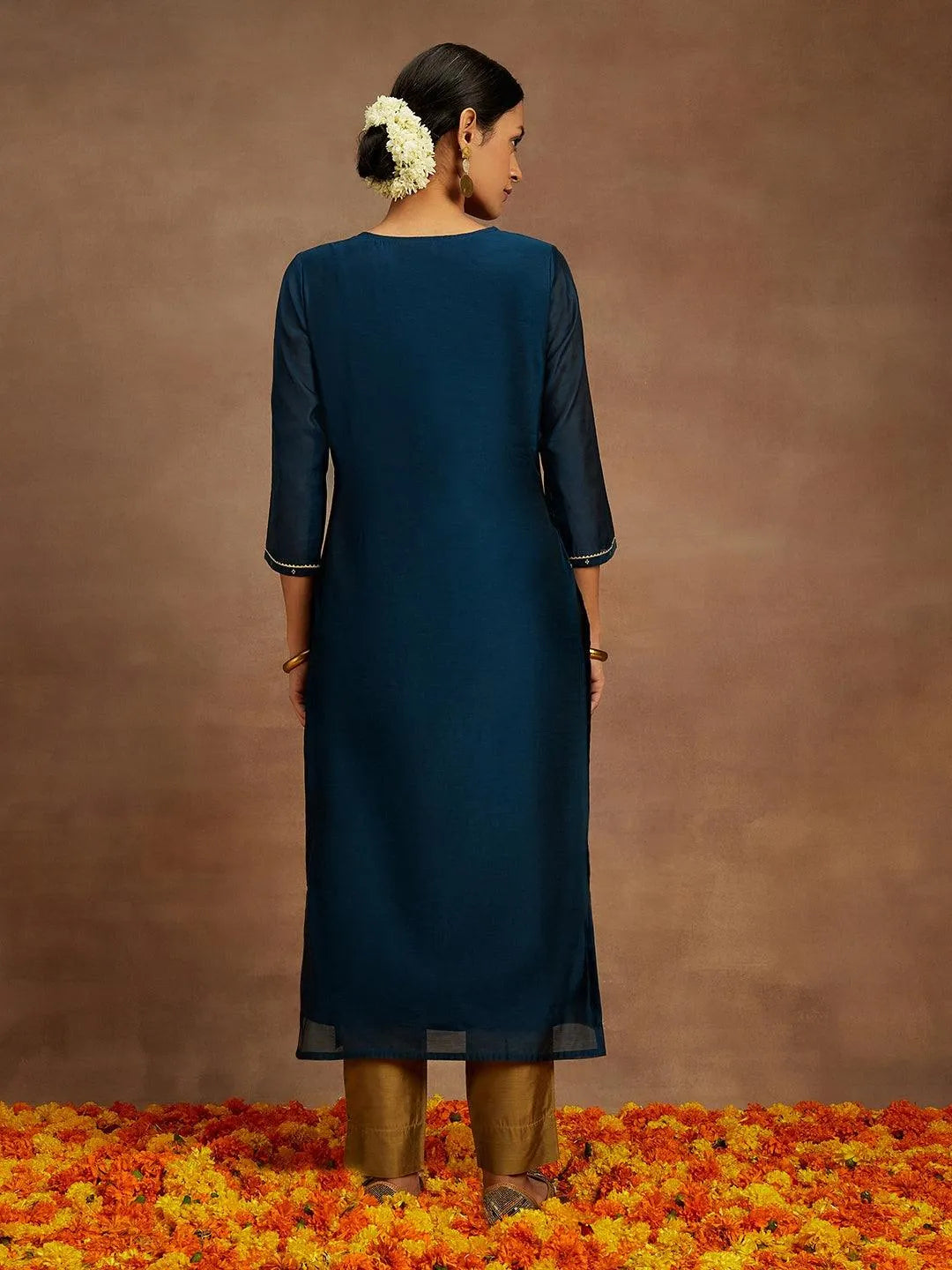 Teal Woven Design Chanderi Silk Straight Kurta - Libas 