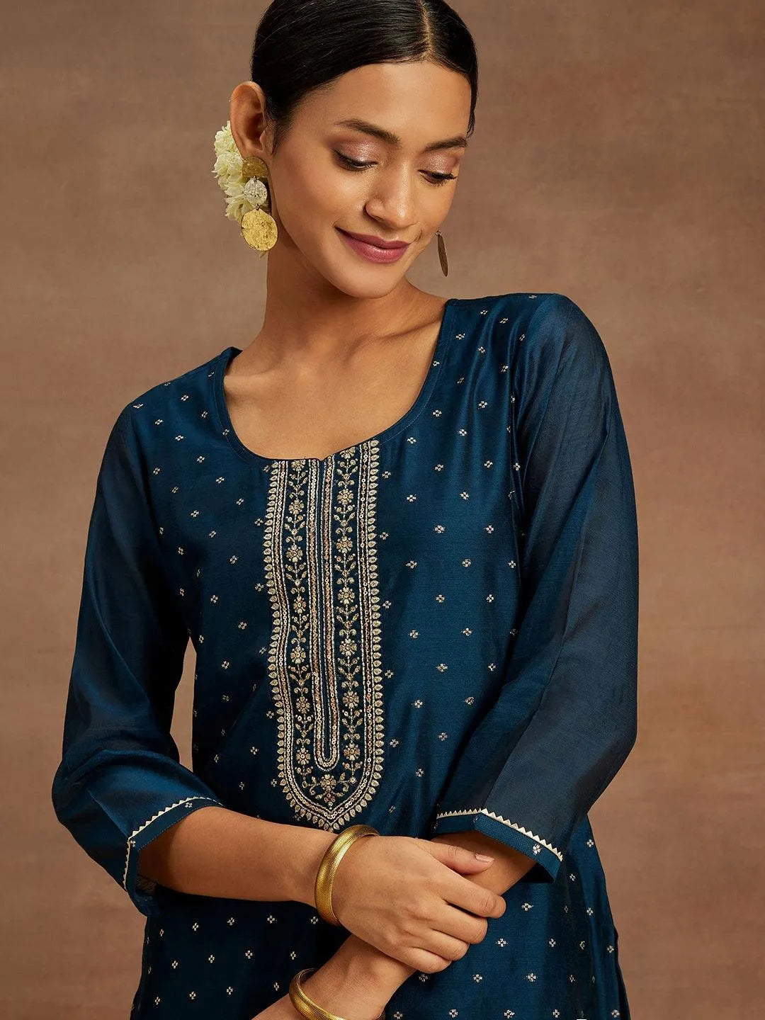 Teal Woven Design Chanderi Silk Straight Kurta - Libas 