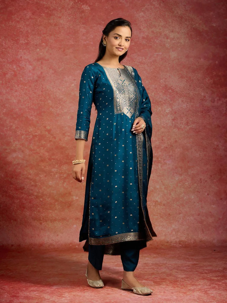 Libas Teal Woven Design Silk Straight Suit With Dupatta