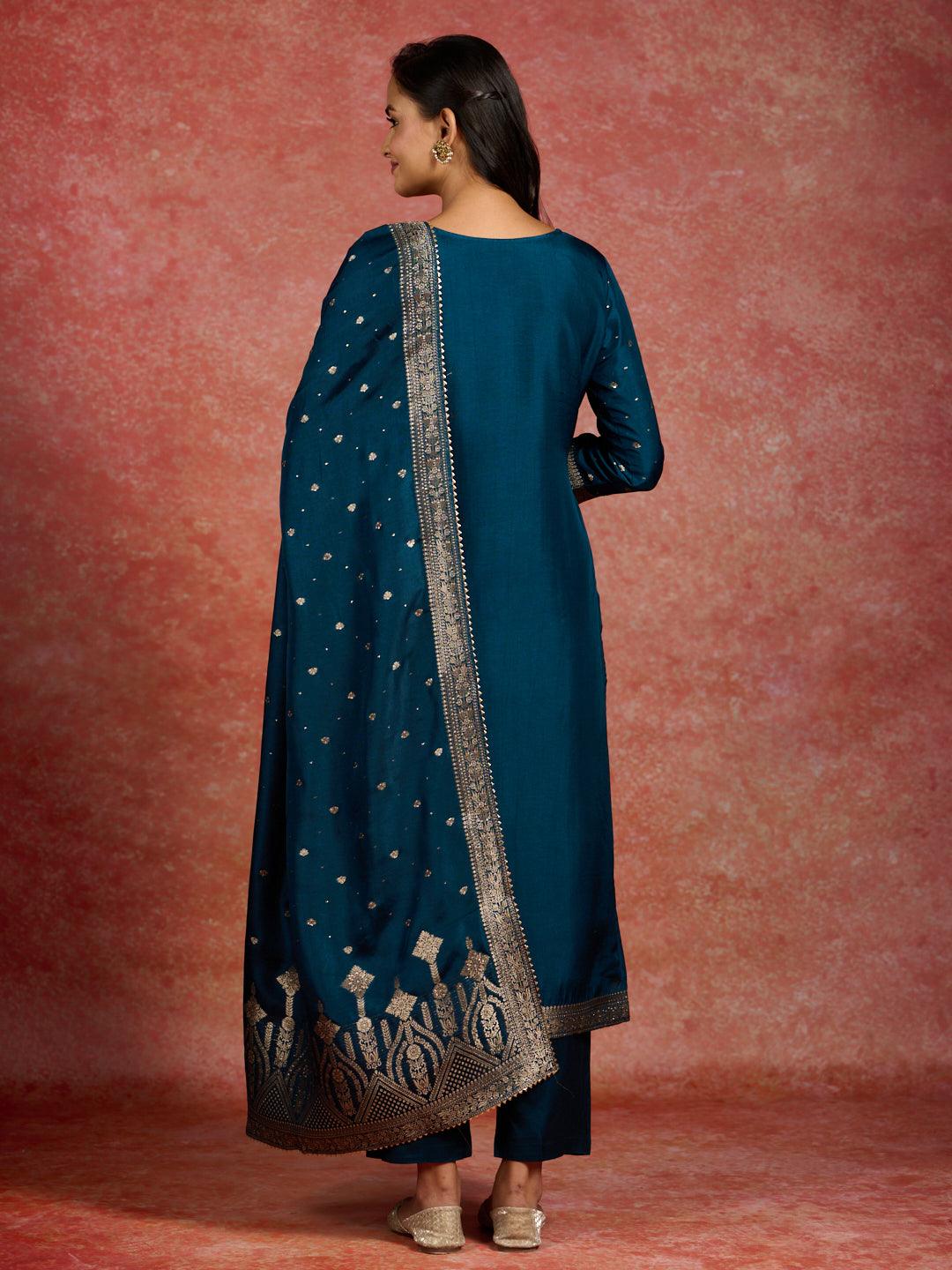 Teal Woven Design Silk Straight Suit With Dupatta