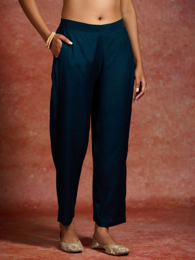 Teal Woven Design Silk Straight Kurta With Trousers & Dupatta - Libas
