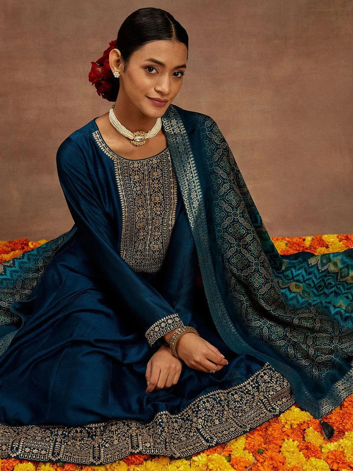 Teal Yoke Design Silk Blend Anarkali Kurta With Trousers & Dupatta - Libas