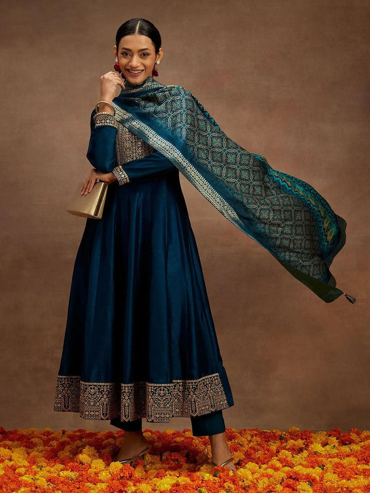 Teal Yoke Design Silk Blend Anarkali Kurta With Trousers & Dupatta - Libas