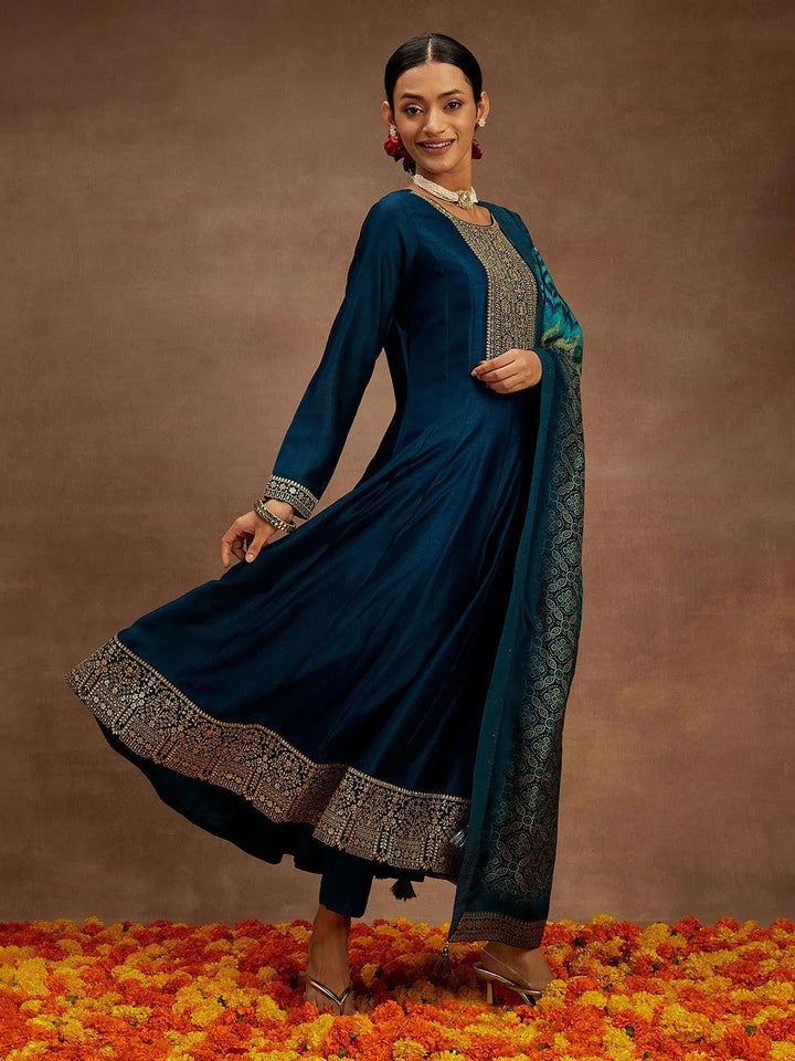 Teal Yoke Design Silk Blend Anarkali Kurta With Trousers & Dupatta - Libas