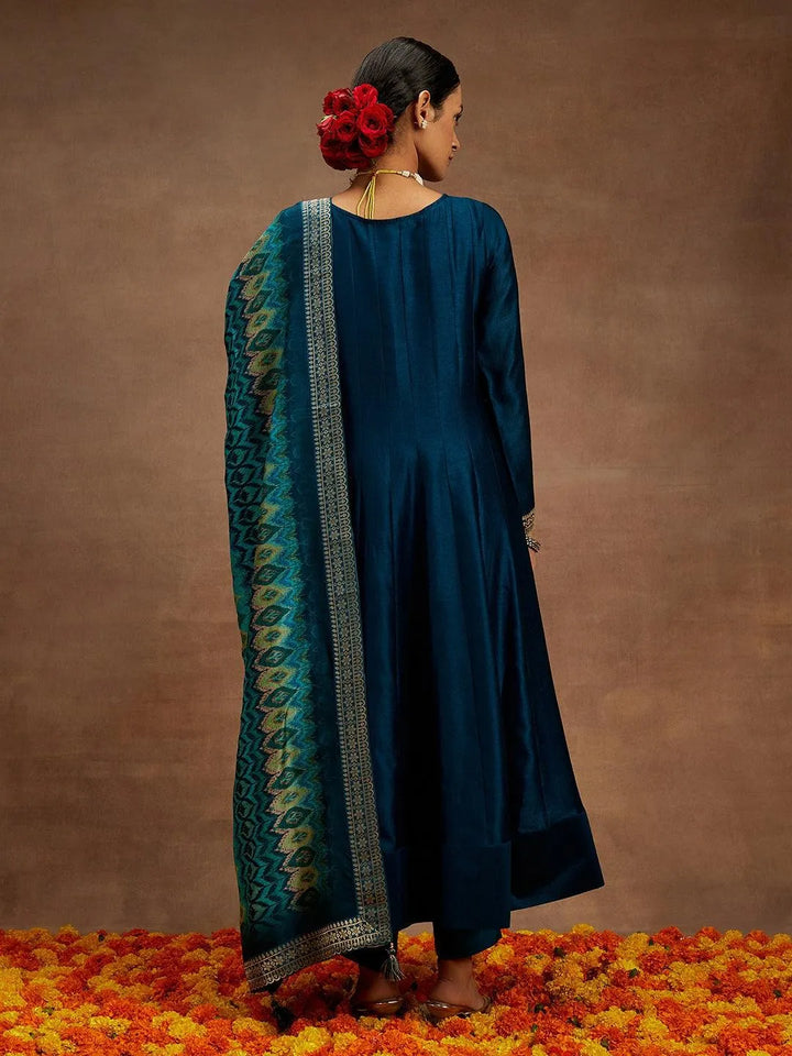Teal Yoke Design Silk Blend Anarkali Kurta With Trousers & Dupatta - Libas