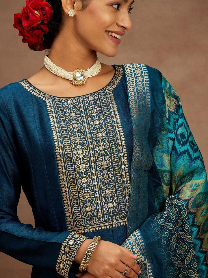 Teal Yoke Design Silk Blend Anarkali Kurta With Trousers & Dupatta - Libas