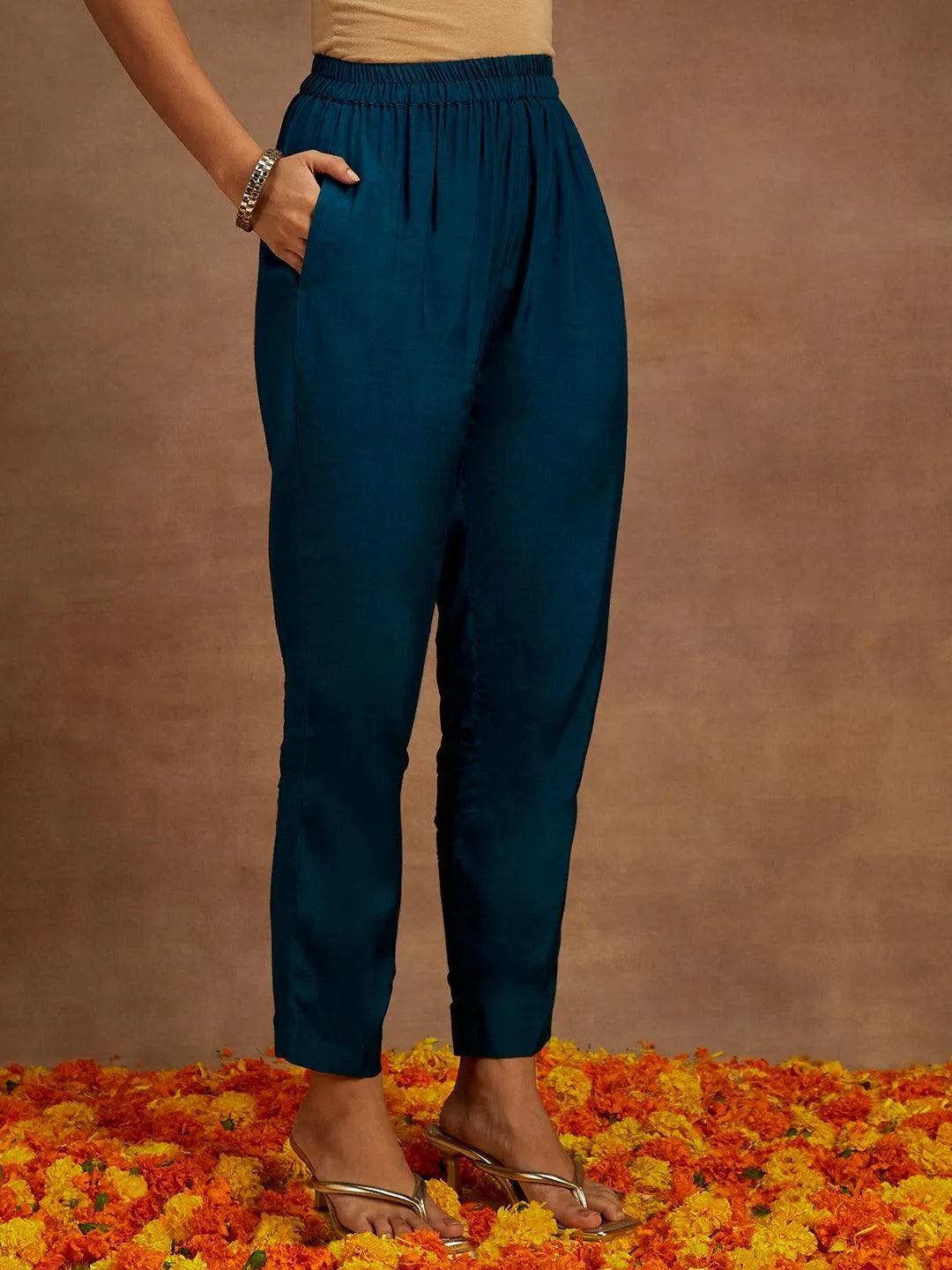Teal Yoke Design Silk Blend Anarkali Kurta With Trousers & Dupatta - Libas 