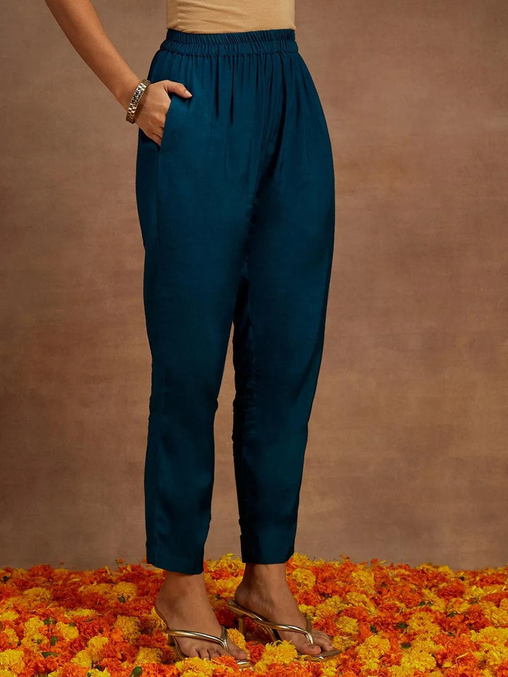 Teal Yoke Design Silk Blend Anarkali Kurta With Trousers & Dupatta - Libas