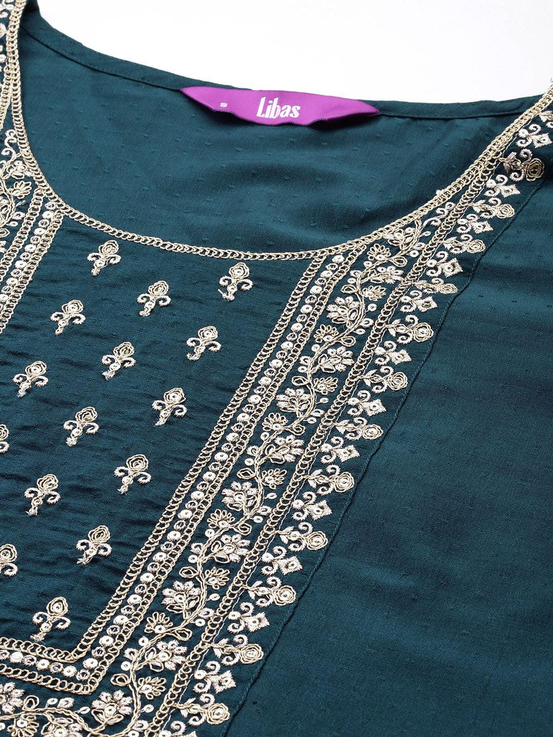 Teal Yoke Design Silk Blend Straight Kurta With Palazzos & Dupatta - Libas