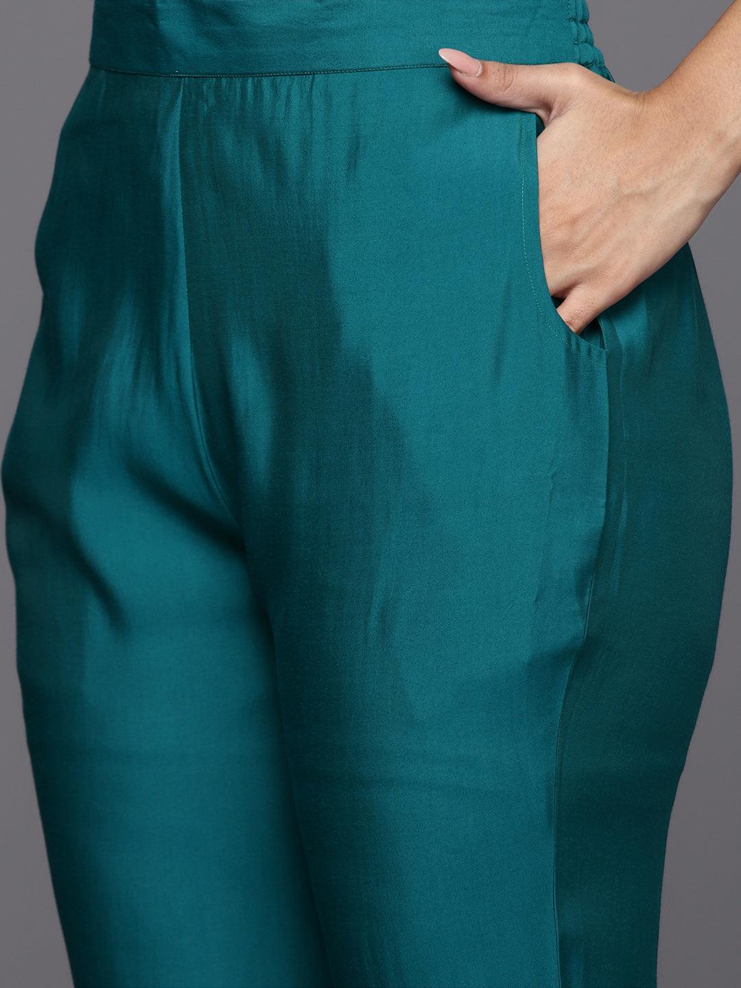 Teal Yoke Design Silk Blend Straight Kurta With Trousers & Dupatta - Libas