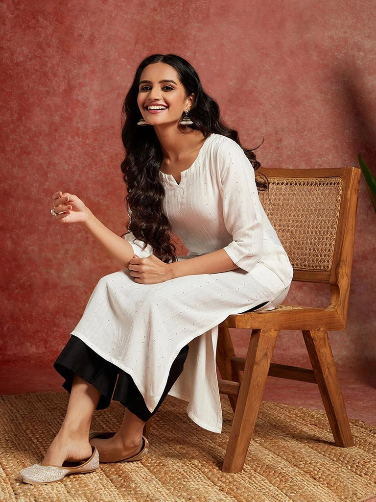 Libas White Embellished Rayon Straight Kurta