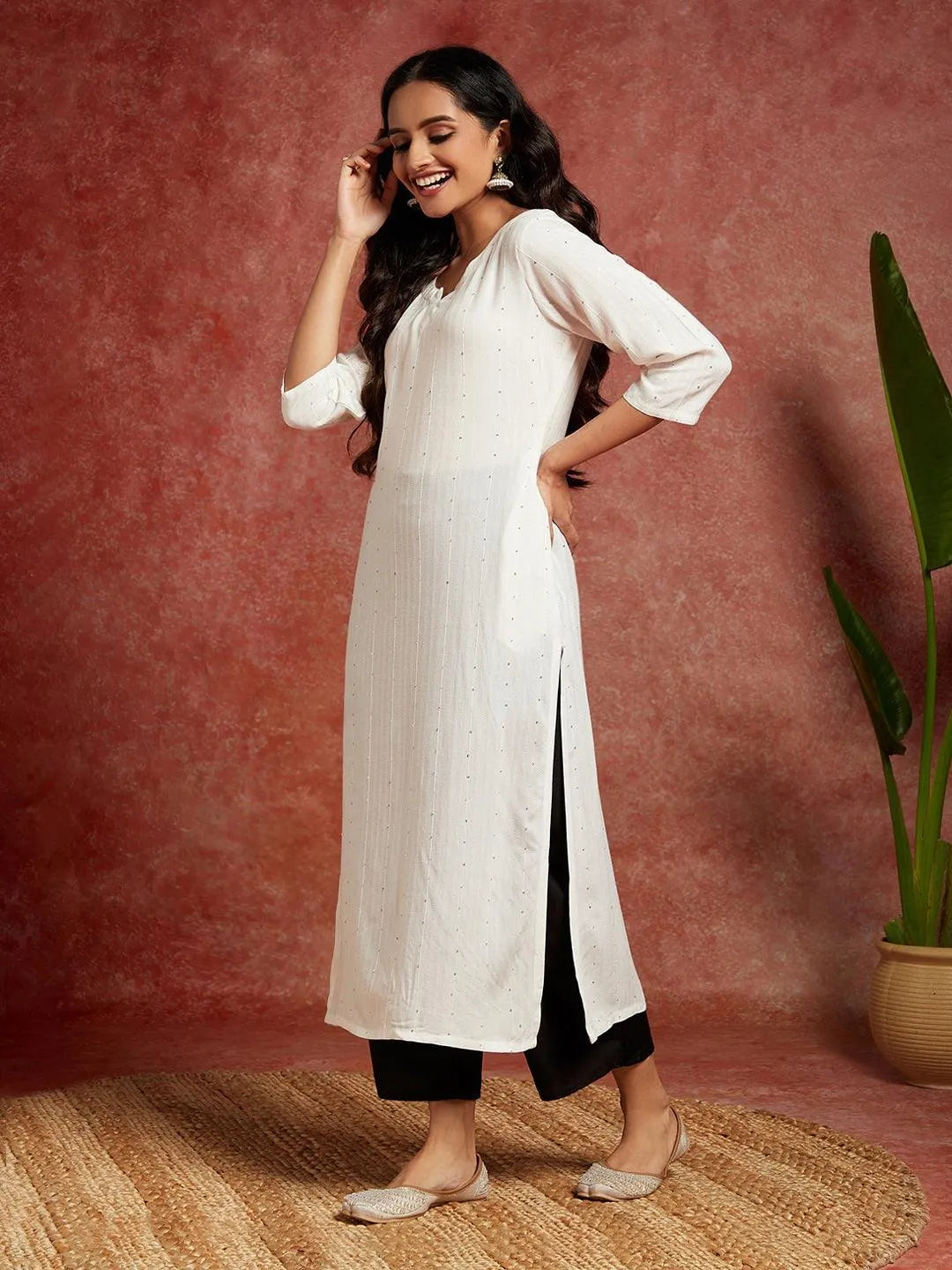 White Embellished Rayon Straight Kurta - Libas 