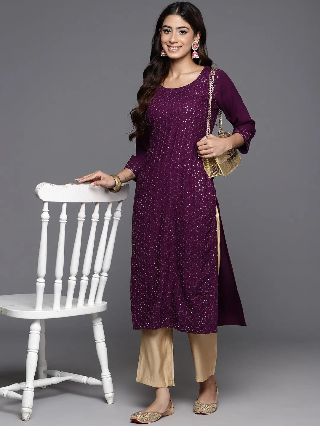Wine Embroidered Rayon Straight Kurta - Libas