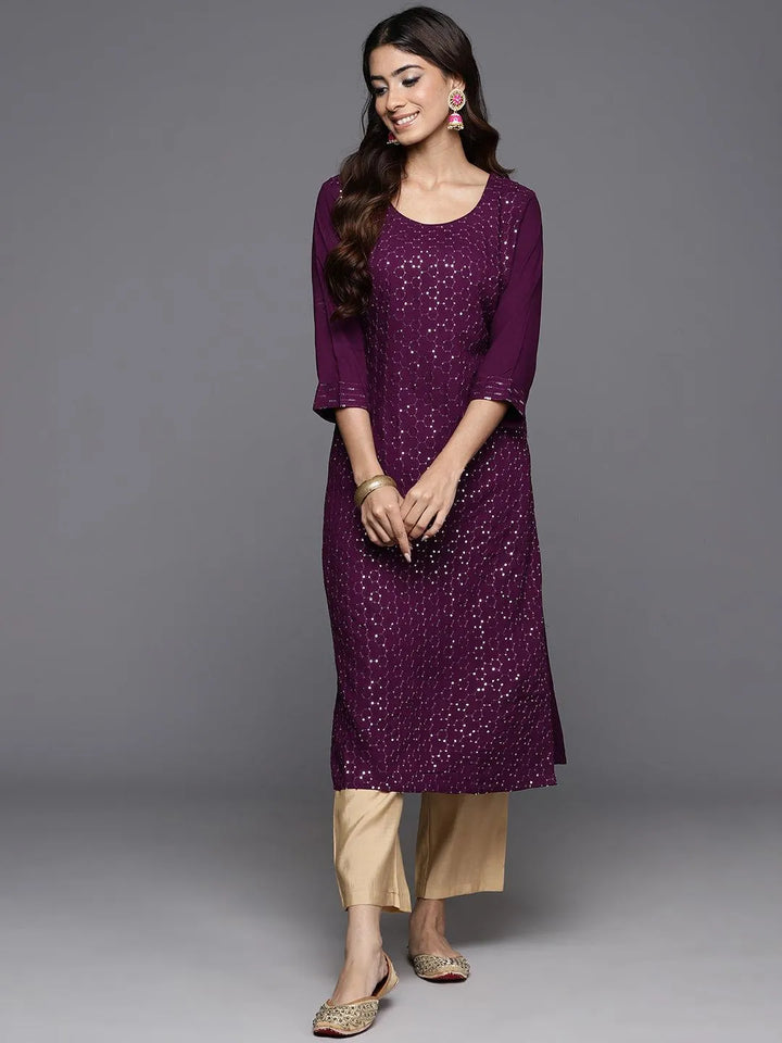 Wine Embroidered Rayon Straight Kurta - Libas
