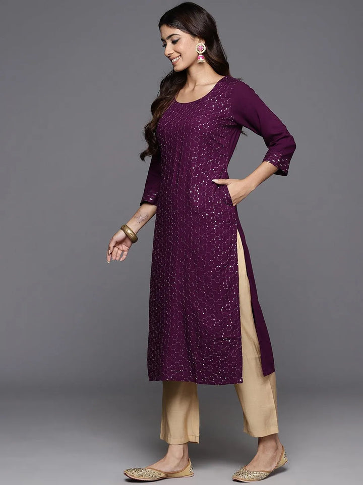 Wine Embroidered Rayon Straight Kurta - Libas