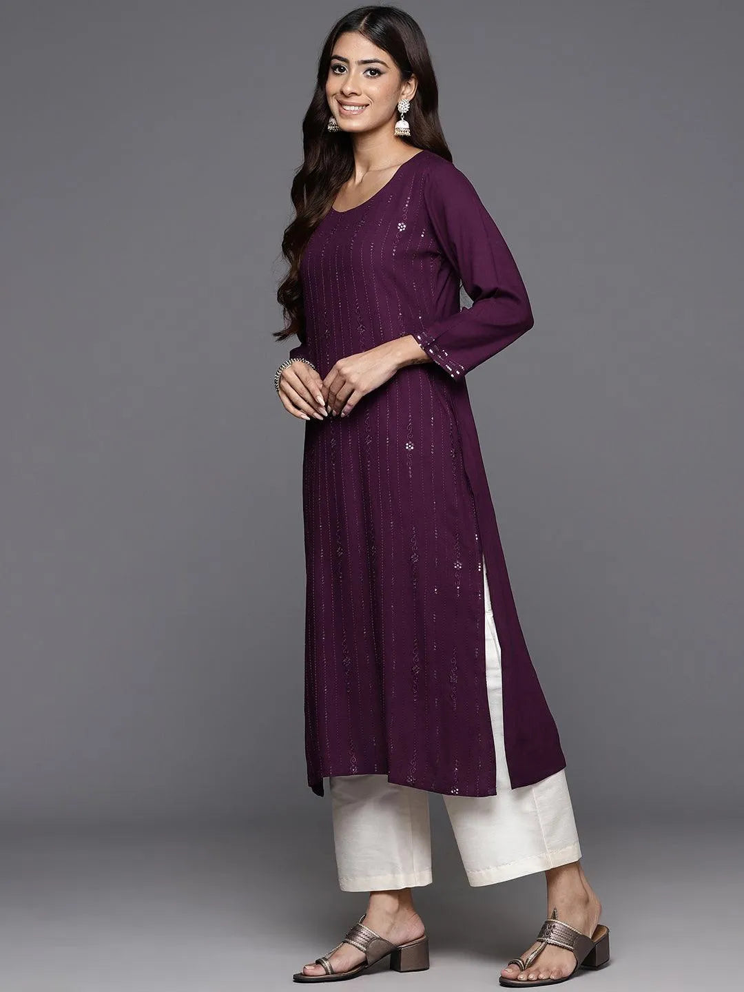 Wine Embroidered Rayon Straight Kurta - Libas 