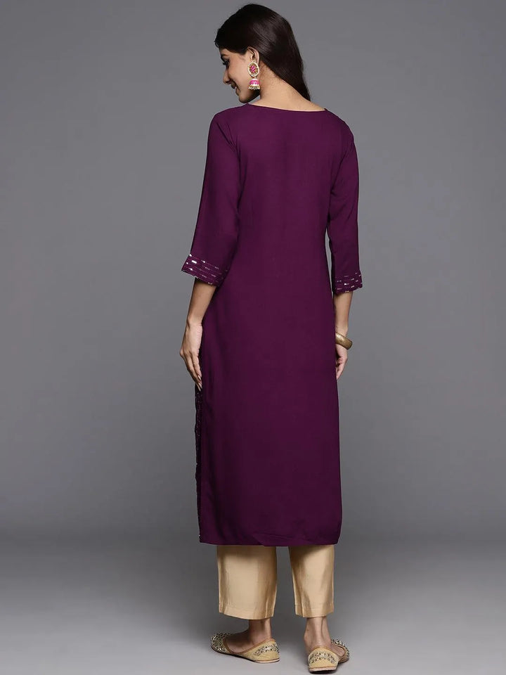 Wine Embroidered Rayon Straight Kurta - Libas