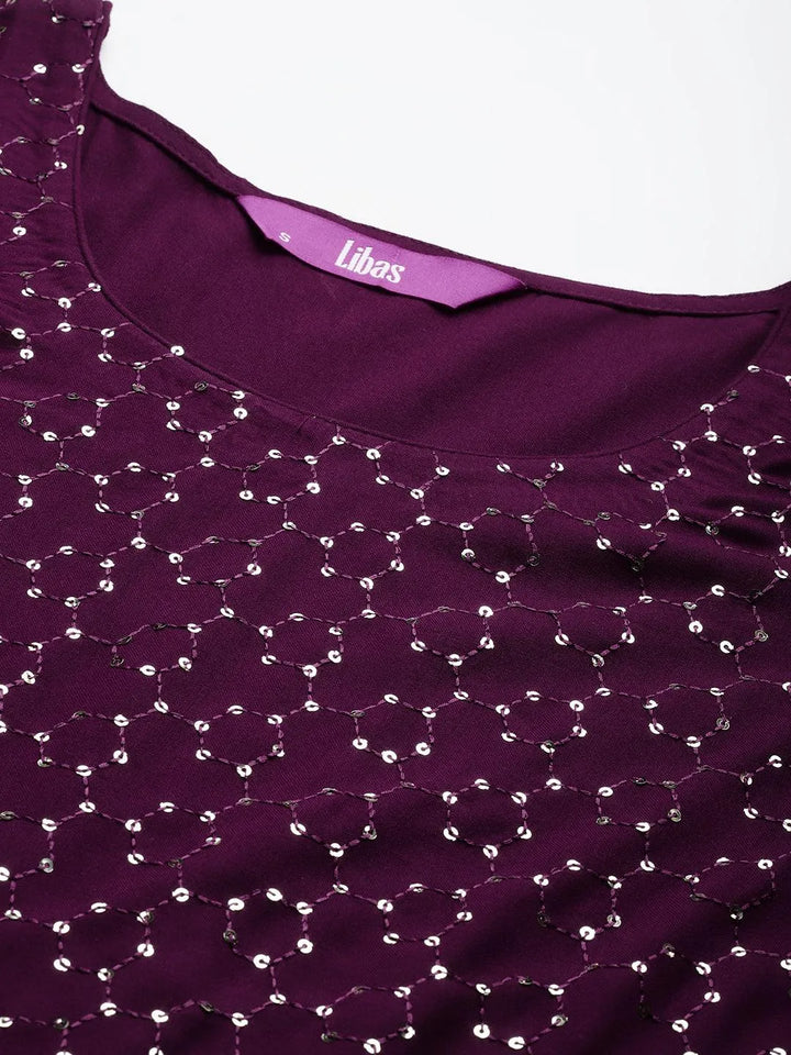 Wine Embroidered Rayon Straight Kurta - Libas