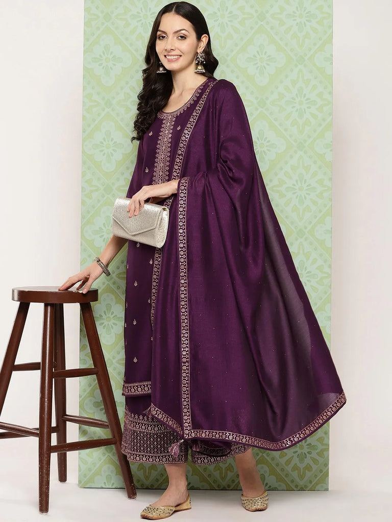 Libas Wine Embroidered Silk Blend Straight Suit With Dupatta