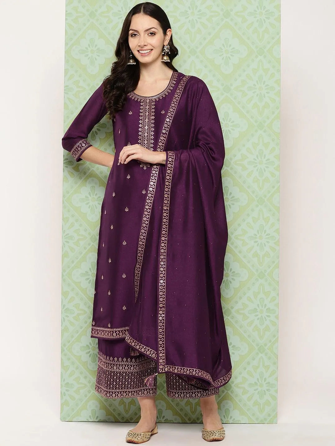 Wine Embroidered Silk Blend Straight Kurta With Palazzos & Dupatta - Libas 
