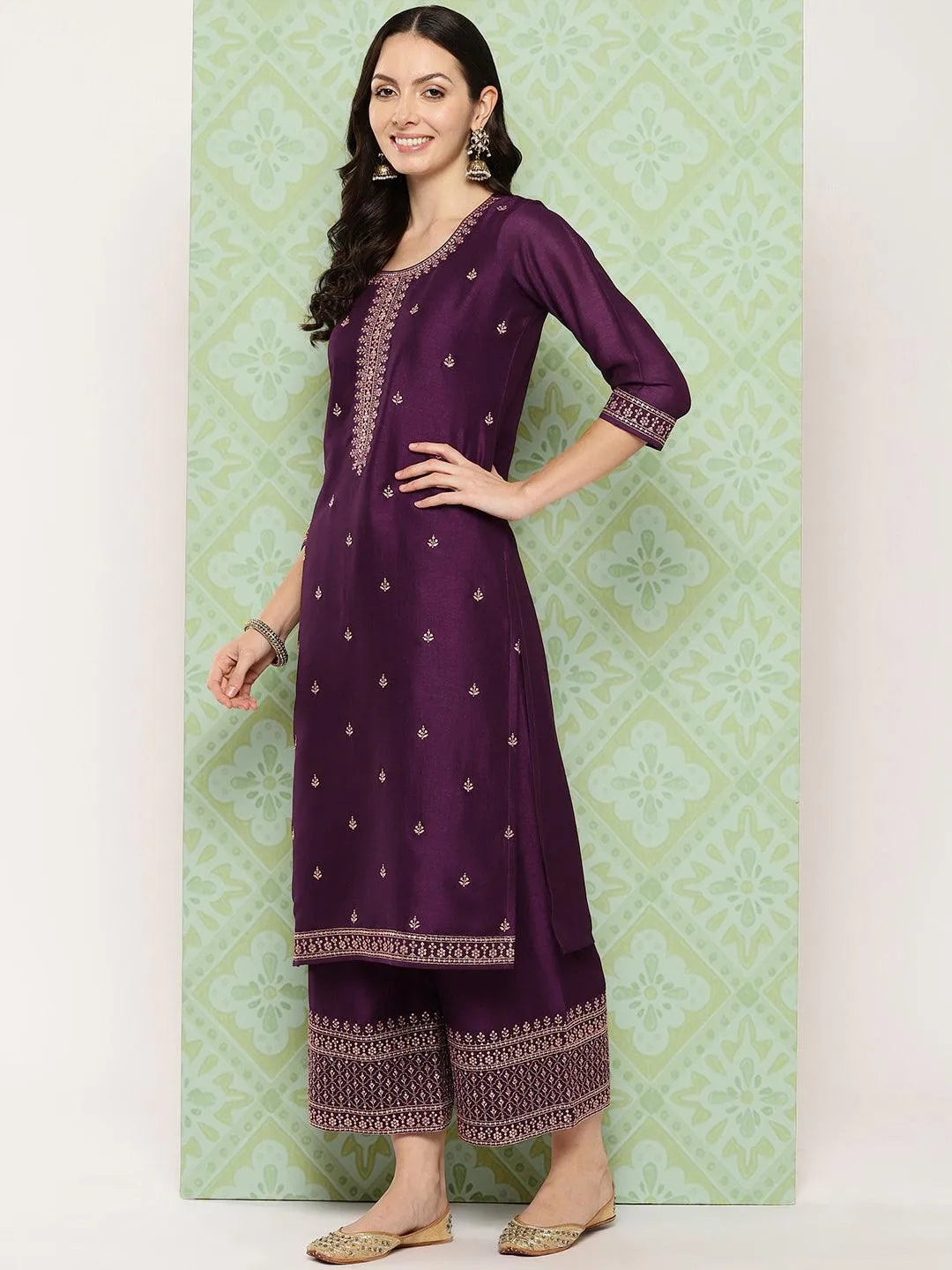 Wine Embroidered Silk Blend Straight Kurta With Palazzos & Dupatta - Libas 