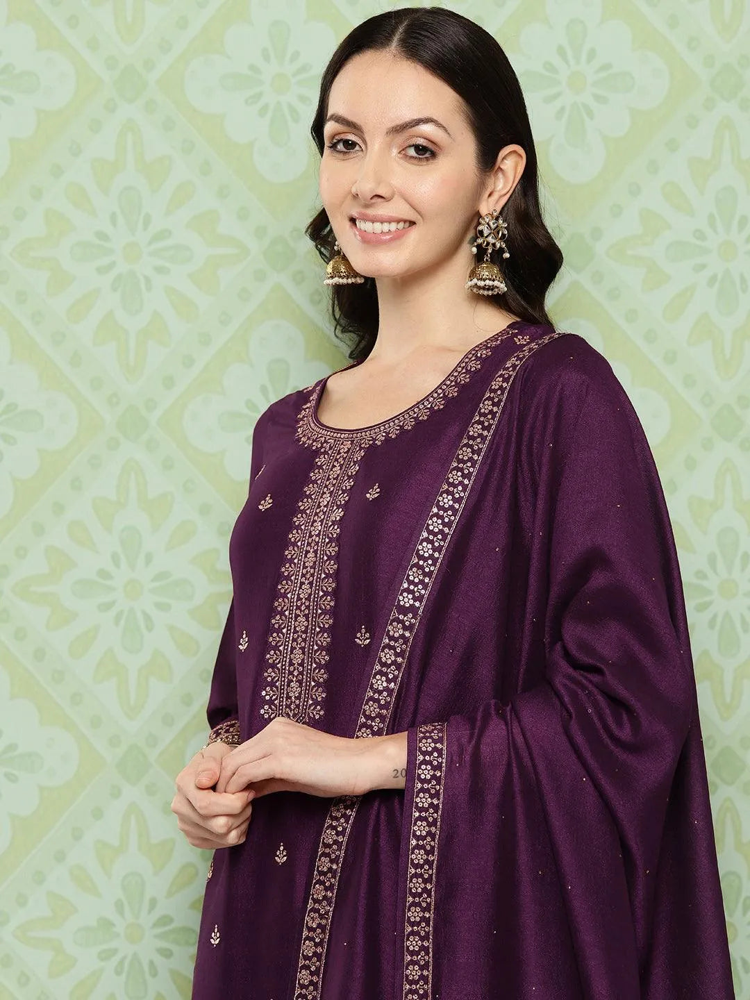Wine Embroidered Silk Blend Straight Kurta With Palazzos & Dupatta - Libas 