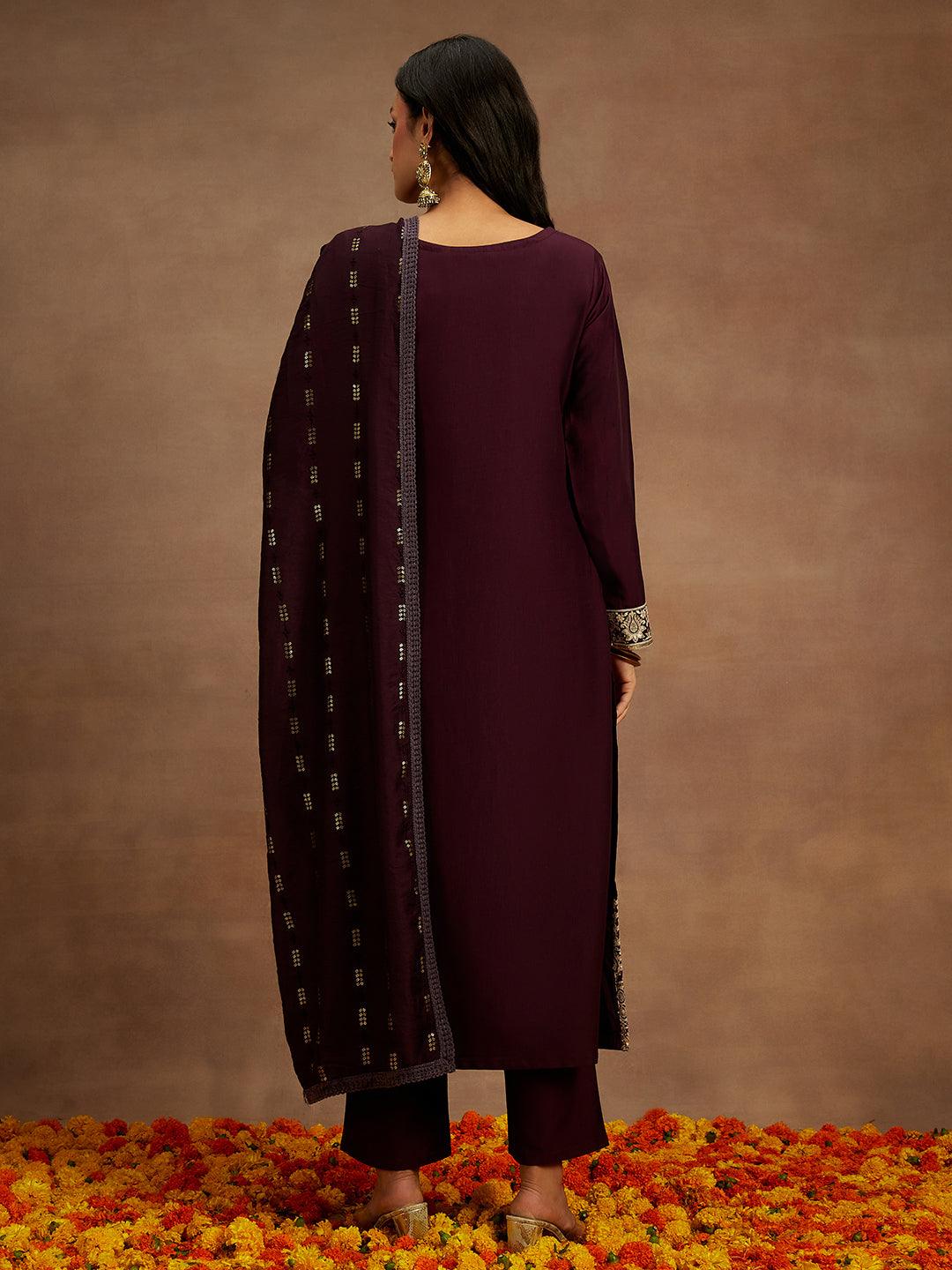 Wine Embroidered Silk Straight Suit With Dupatta